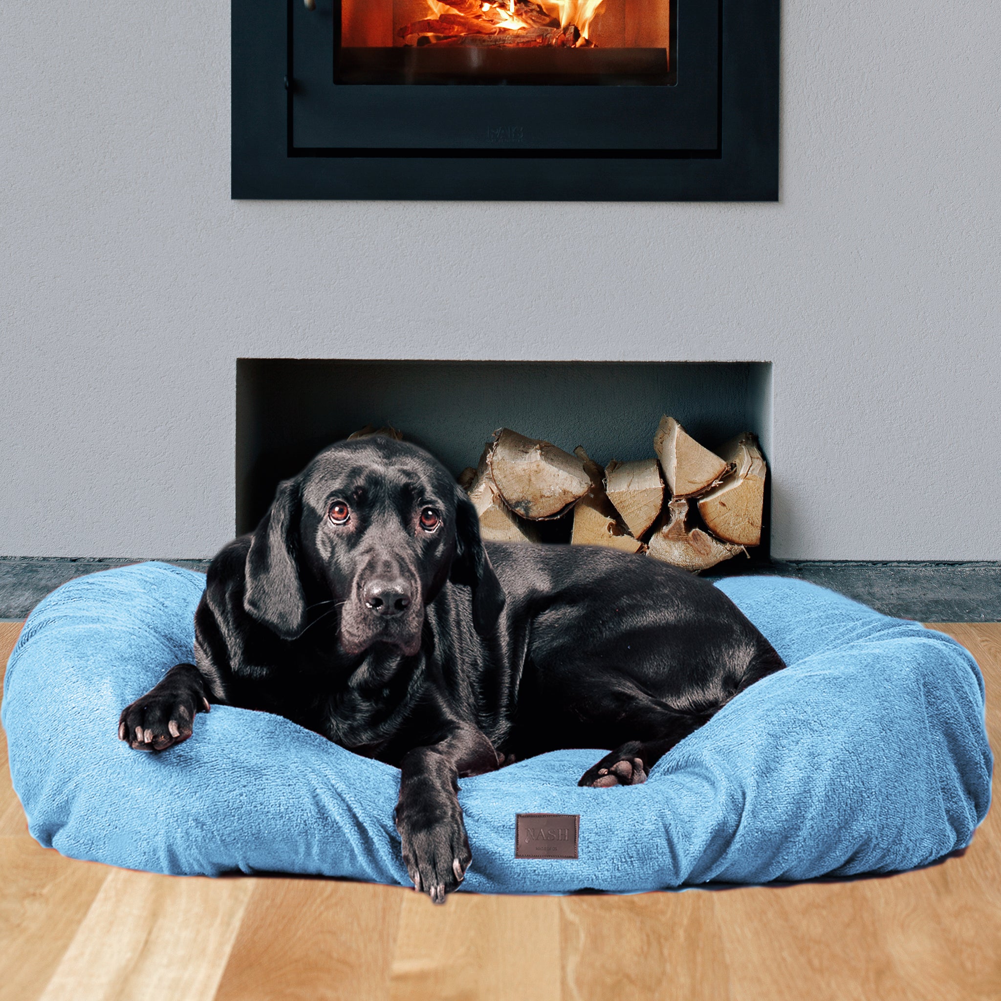 Black Labrador at home lying on a dog bed with NASH Cambridge blue dog bed cover.