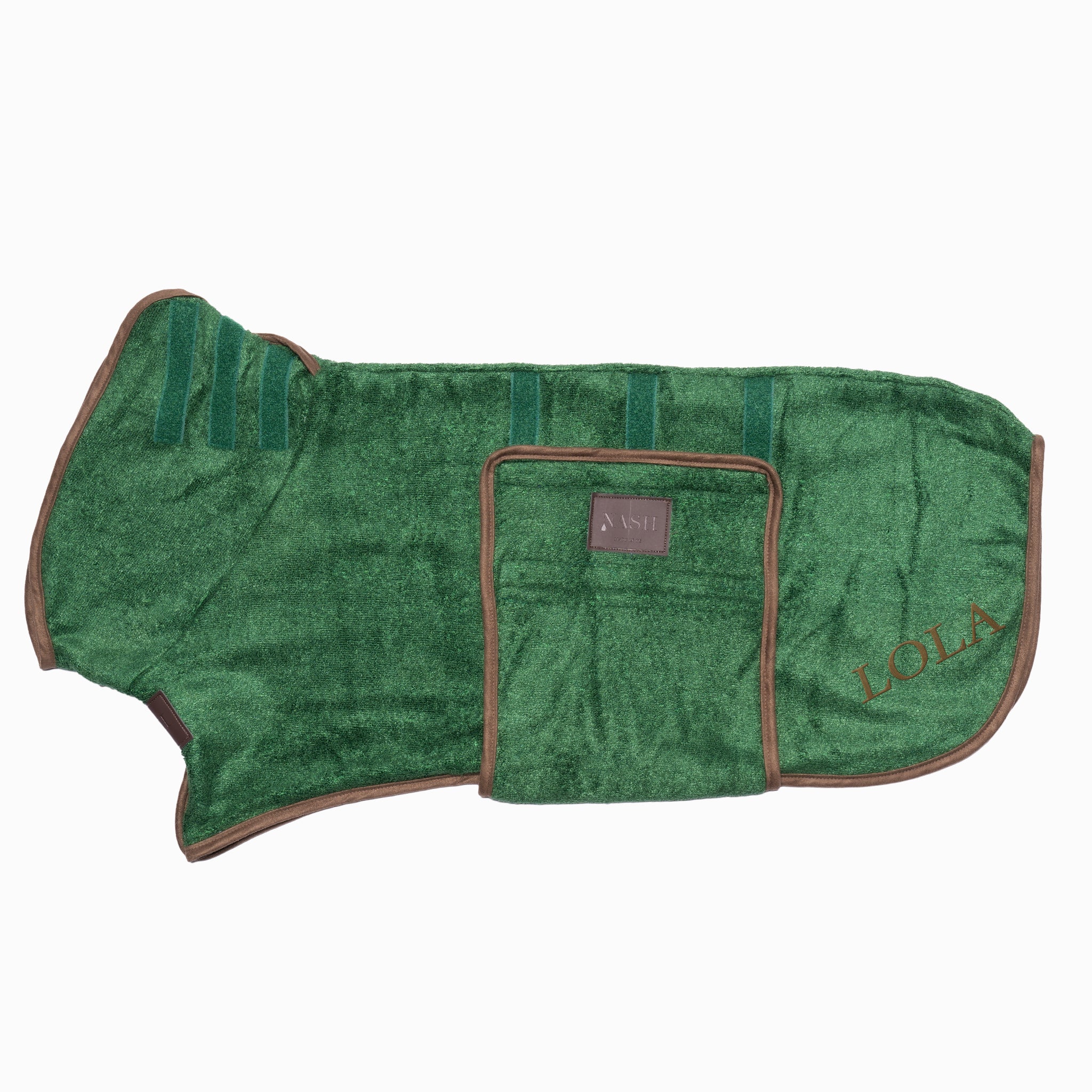 Premium bamboo dog drying coat in forest green - available from NASH Dog Co. 