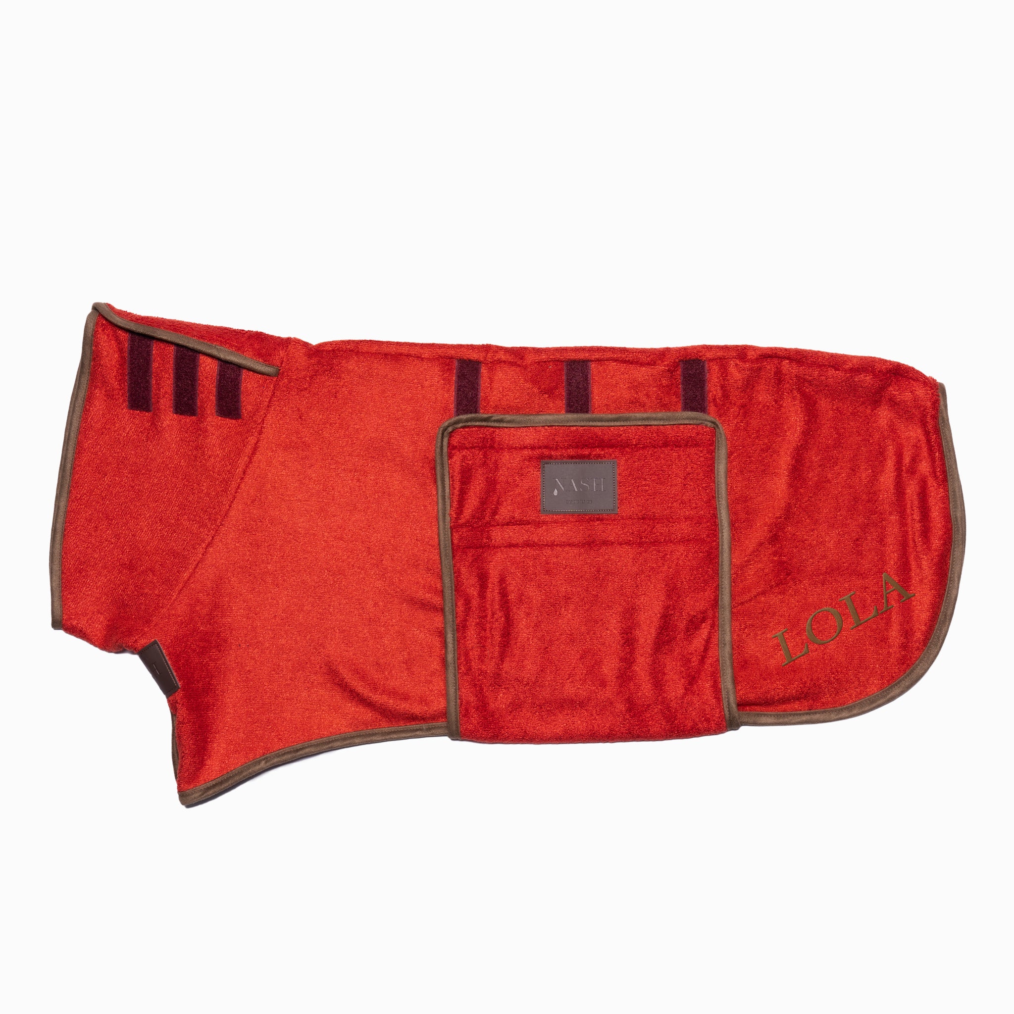 The premium NASH bamboo dog drying coat in red. 